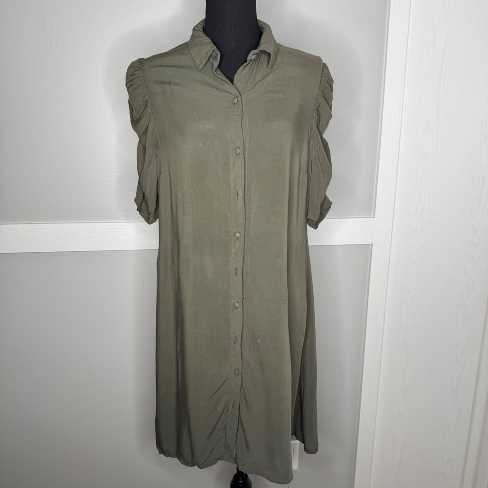 MSK Womens Medium Olive Green Button Down Shirt Dress‎ Puff Ruched Sleeve 2252